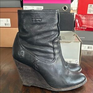 Frye Black Leather Wedge Boots
